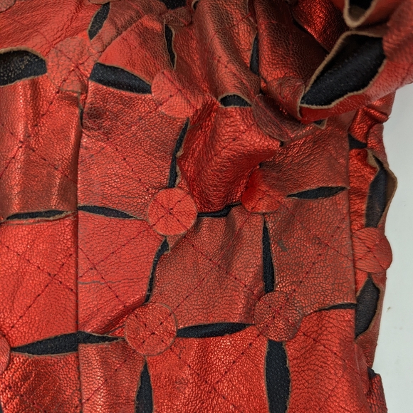 Vintage 80s Red Metallic Leather Cut Out Jacket Image Leather Womens XS Thriller - Picture 13 of 14